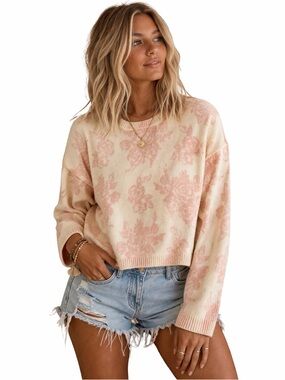 Jessica Simpson Cream and Pink Floral Crewneck Sweater